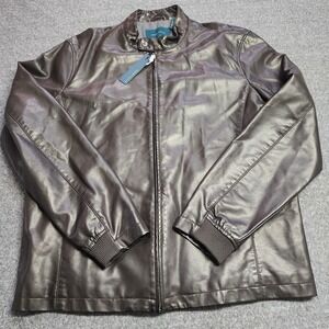NWT Perry Ellis Men's XL Brown Leather Jacket Full Zip Moto Casual